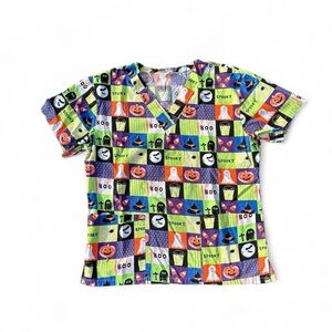 Comfy Cotton Halloween Theme Green Orange Purple Spooky Animated Nurse Scrub Top